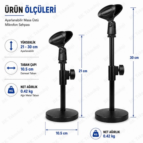 Ayarlanabilir Masa Üstü Mikrofon Sehpası 21-30cm Ağır Tabanlı Metal Mikrofon Standı