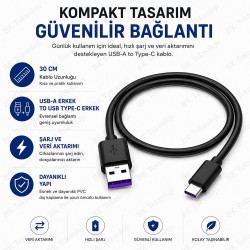 30cm USB-A Erkek to USB Type-C Erkek Hızlı Şarj ve Veri Aktarım Kablosu Siyah