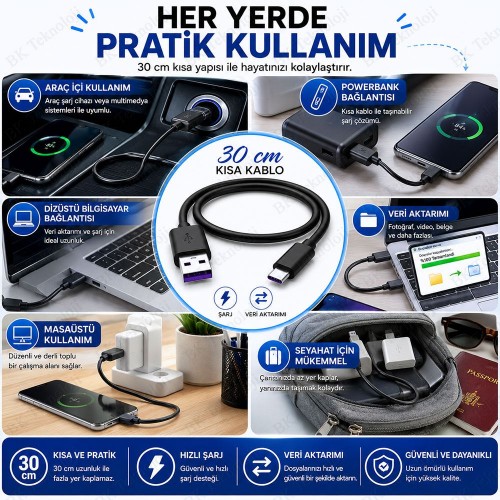 30cm USB-A Erkek to USB Type-C Erkek Hızlı Şarj ve Veri Aktarım Kablosu Siyah