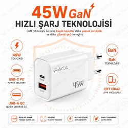 RACA U201 45W GaN Hızlı Şarj Adaptörü USB-C PD + USB-A QC Çift Çıkışlı Şarj Cihazı