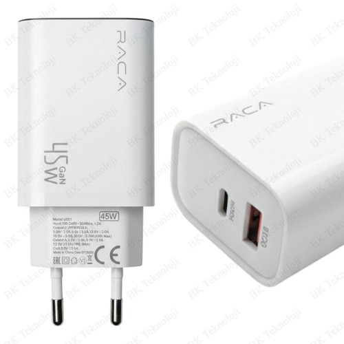 RACA U201 45W GaN Hızlı Şarj Adaptörü USB-C PD + USB-A QC Çift Çıkışlı Şarj Cihazı