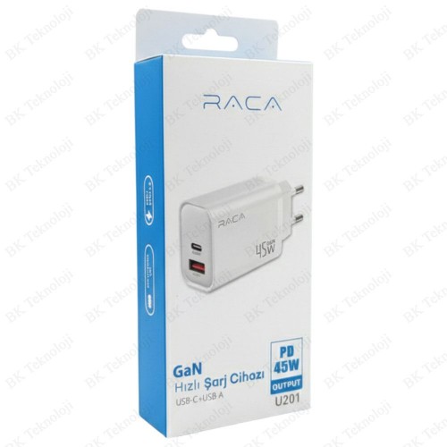 RACA U201 45W GaN Hızlı Şarj Adaptörü USB-C PD + USB-A QC Çift Çıkışlı Şarj Cihazı