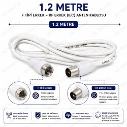 1.2 Metre F Tipi Erkek Konnektörlü RF Erkek (IEC) TV Anten Kablosu 75 Ohm Koaksiyel Kablo Beyaz