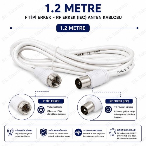 1.2 Metre F Tipi Erkek Konnektörlü RF Erkek (IEC) TV Anten Kablosu 75 Ohm Koaksiyel Kablo Beyaz 1.2 Metre F Tipi Erkek Konnektörlü RF Erkek (IEC) TV Anten Kablosu 75 Ohm Koaksiyel Kablo Beyaz