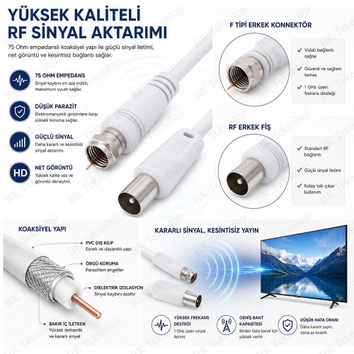 1.2 Metre F Tipi Erkek Konnektörlü RF Erkek (IEC) TV Anten Kablosu 75 Ohm Koaksiyel Kablo Beyaz 1.2 Metre F Tipi Erkek Konnektörlü RF Erkek (IEC) TV Anten Kablosu 75 Ohm Koaksiyel Kablo Beyaz
