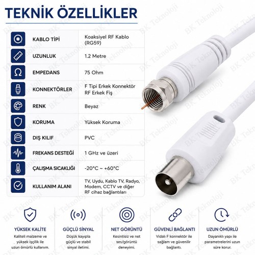 1.2 Metre F Tipi Erkek Konnektörlü RF Erkek (IEC) TV Anten Kablosu 75 Ohm Koaksiyel Kablo Beyaz 1.2 Metre F Tipi Erkek Konnektörlü RF Erkek (IEC) TV Anten Kablosu 75 Ohm Koaksiyel Kablo Beyaz