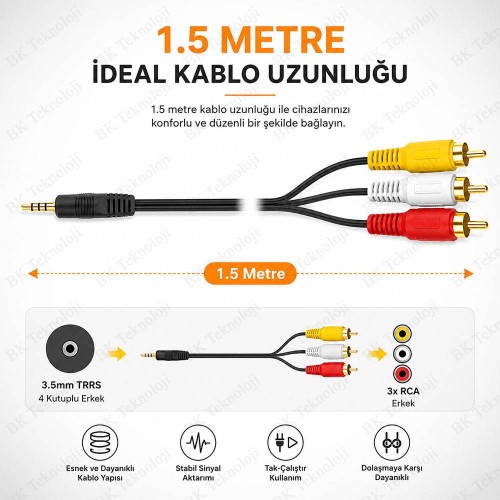 3.5mm TRRS Erkek - 3 RCA Erkek AV Ses Görüntü Kablosu Gold Uçlu 1.5 Metre 3.5mm TRRS Erkek - 3 RCA Erkek AV Ses Görüntü Kablosu Gold Uçlu 1.5 Metre