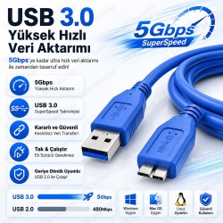 3 Metre USB 3.0 A Erkek - USB 3.0 Micro-B Erkek 5Gbps Veri Aktarım Kablosu
