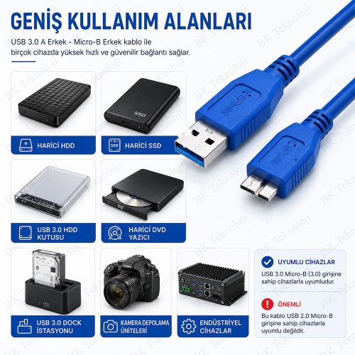 3 Metre USB 3.0 A Erkek - USB 3.0 Micro-B Erkek 5Gbps Veri Aktarım Kablosu