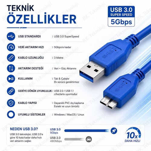3 Metre USB 3.0 A Erkek - USB 3.0 Micro-B Erkek 5Gbps Veri Aktarım Kablosu