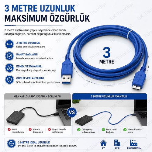 3 Metre USB 3.0 A Erkek - USB 3.0 Micro-B Erkek 5Gbps Veri Aktarım Kablosu