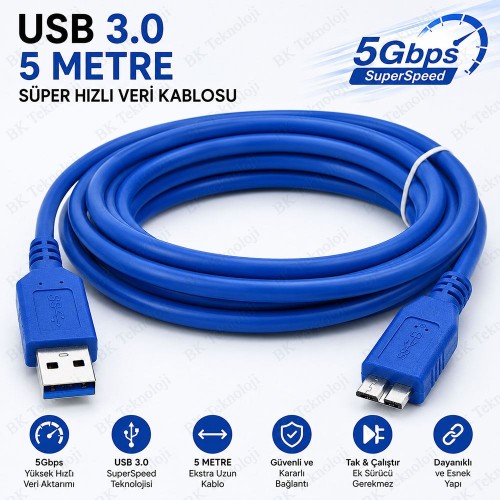 5 Metre USB 3.0 A Erkek - USB 3.0 Micro-B Erkek 5Gbps Veri Senkronizasyon Kablosu