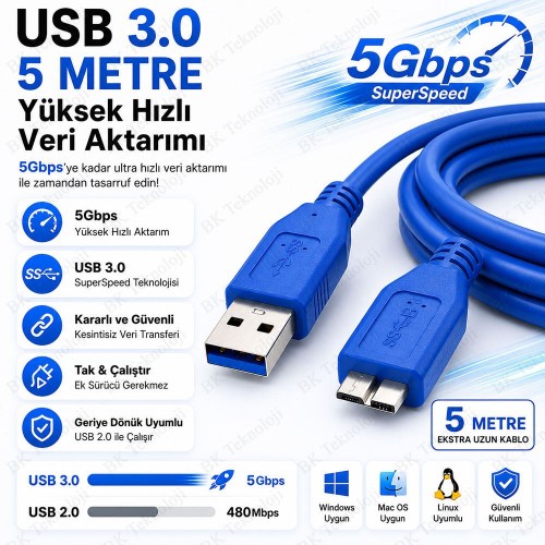 5 Metre USB 3.0 A Erkek - USB 3.0 Micro-B Erkek 5Gbps Veri Senkronizasyon Kablosu
