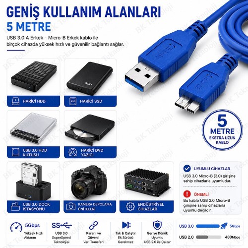 5 Metre USB 3.0 A Erkek - USB 3.0 Micro-B Erkek 5Gbps Veri Senkronizasyon Kablosu