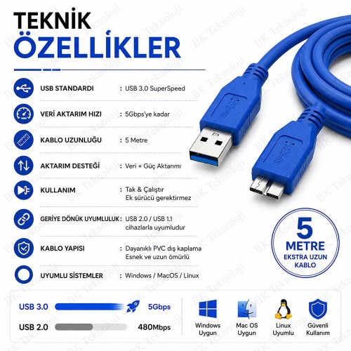 5 Metre USB 3.0 A Erkek - USB 3.0 Micro-B Erkek 5Gbps Veri Senkronizasyon Kablosu