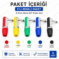 6.3mm Mono 90° Açılı Erkek Lehim Tipi Jack Fiş 5'li Renkli Paket