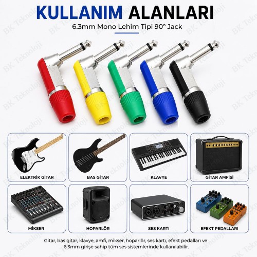 6.3mm Mono 90° Açılı Erkek Lehim Tipi Jack Fiş 5'li Renkli Paket 6.3mm Mono 90° Açılı Erkek Lehim Tipi Jack Fiş 5'li Renkli Paket