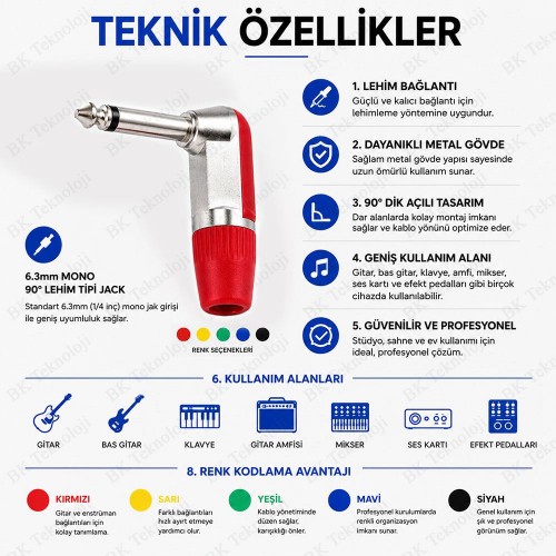 6.3mm Mono 90° Açılı Erkek Lehim Tipi Jack Fiş 5'li Renkli Paket 6.3mm Mono 90° Açılı Erkek Lehim Tipi Jack Fiş 5'li Renkli Paket
