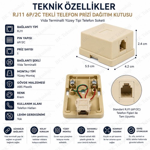 RJ11 6P/2C Tekli Telefon Prizi Dağıtım Kutusu RJ11 6P/2C Tekli Telefon Prizi Dağıtım Kutusu