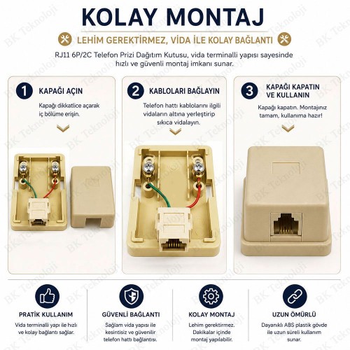 RJ11 6P/2C Tekli Telefon Prizi Dağıtım Kutusu RJ11 6P/2C Tekli Telefon Prizi Dağıtım Kutusu
