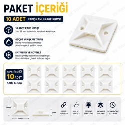 10 Adet 28x28mm Yapışkanlı Kare Kroşe Kablo Bağı Sabitleme Ayağı