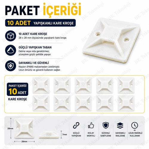 10 Adet 28x28mm Yapışkanlı Kare Kroşe Kablo Bağı Sabitleme Ayağı 10 Adet 28x28mm Yapışkanlı Kare Kroşe Kablo Bağı Sabitleme Ayağı