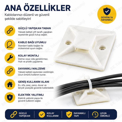 10 Adet 28x28mm Yapışkanlı Kare Kroşe Kablo Bağı Sabitleme Ayağı 10 Adet 28x28mm Yapışkanlı Kare Kroşe Kablo Bağı Sabitleme Ayağı
