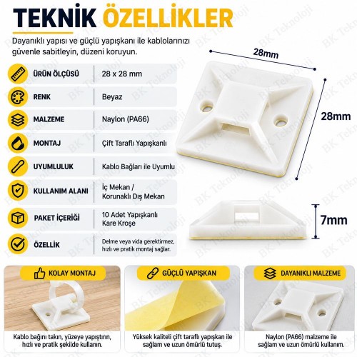 10 Adet 28x28mm Yapışkanlı Kare Kroşe Kablo Bağı Sabitleme Ayağı 10 Adet 28x28mm Yapışkanlı Kare Kroşe Kablo Bağı Sabitleme Ayağı