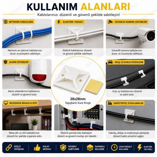 10 Adet 28x28mm Yapışkanlı Kare Kroşe Kablo Bağı Sabitleme Ayağı 10 Adet 28x28mm Yapışkanlı Kare Kroşe Kablo Bağı Sabitleme Ayağı