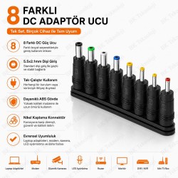 8'li DC Güç Adaptör Uç Seti 5.5x2.1mm Dişi - Notebook Adaptör Dönüştürücü Fiş Seti