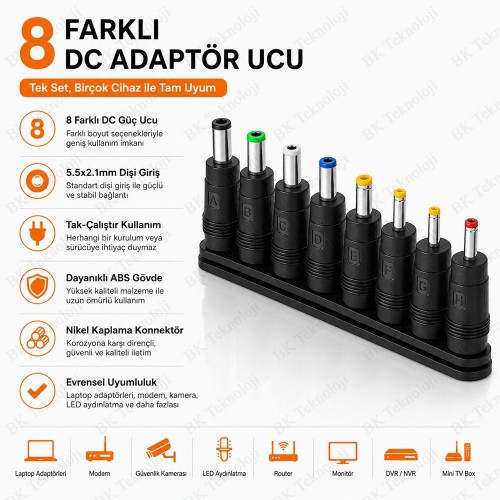 8'li DC Güç Adaptör Uç Seti 5.5x2.1mm Dişi - Notebook Adaptör Dönüştürücü Fiş Seti