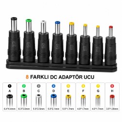 8'li DC Güç Adaptör Uç Seti 5.5x2.1mm Dişi - Notebook Adaptör Dönüştürücü Fiş Seti