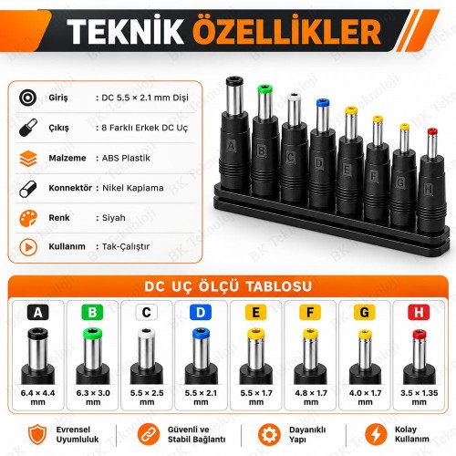 8'li DC Güç Adaptör Uç Seti 5.5x2.1mm Dişi - Notebook Adaptör Dönüştürücü Fiş Seti