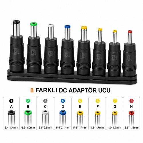 8'li DC Güç Adaptör Uç Seti 5.5x2.1mm Dişi - Notebook Adaptör Dönüştürücü Fiş Seti
