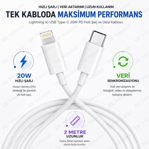 Lightning to USB Type-C 20W Hızlı Şarj ve Data Kablosu 2 Metre