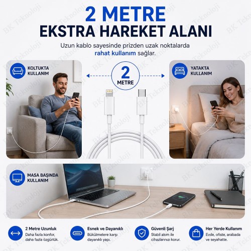 Lightning to USB Type-C 20W Hızlı Şarj ve Data Kablosu 2 Metre