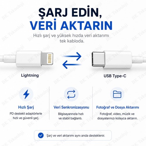 Lightning to USB Type-C 20W Hızlı Şarj ve Data Kablosu 2 Metre
