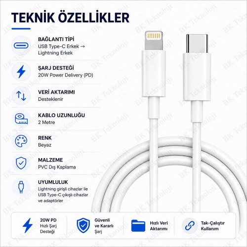 Lightning to USB Type-C 20W Hızlı Şarj ve Data Kablosu 2 Metre
