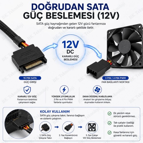 SATA 15 Pin Güç - 3 Pin / 4 Pin PWM Kasa Fanı Güç Adaptör Kablosu 30cm