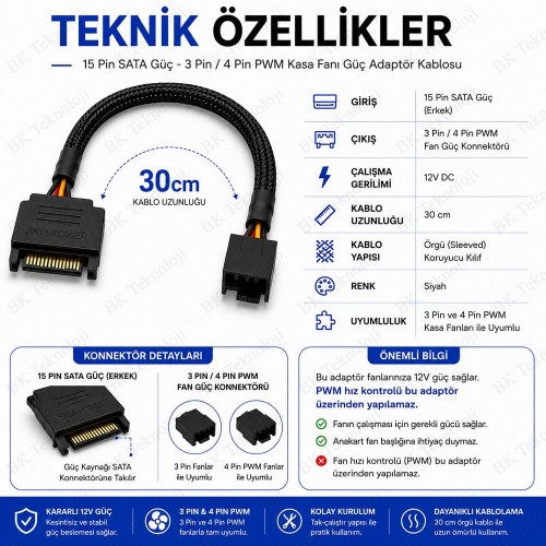 SATA 15 Pin Güç - 3 Pin / 4 Pin PWM Kasa Fanı Güç Adaptör Kablosu 30cm
