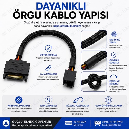 SATA 15 Pin Güç - 3 Pin / 4 Pin PWM Kasa Fanı Güç Adaptör Kablosu 30cm
