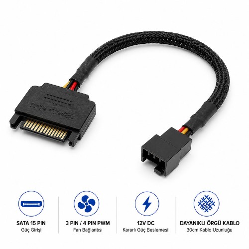 SATA 15 Pin Güç - 3 Pin / 4 Pin PWM Kasa Fanı Güç Adaptör Kablosu 30cm
