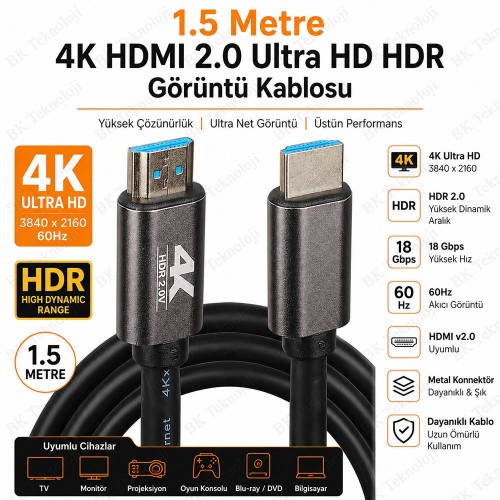 1.5 Metre 4K HDMI 2.0 Ultra HD HDR Görüntü ve Ses Aktarım Kablosu 18 Gbps 60Hz