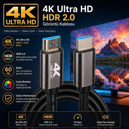 1.5 Metre 4K HDMI 2.0 Ultra HD HDR Görüntü ve Ses Aktarım Kablosu 18 Gbps 60Hz