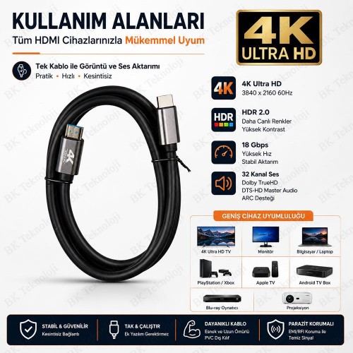 1.5 Metre 4K HDMI 2.0 Ultra HD HDR Görüntü ve Ses Aktarım Kablosu 18 Gbps 60Hz