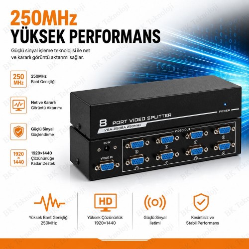 VGA-2508A 1 Giriş 8 Çıkış 250MHz VGA Video Splitter Çoklayıcı 1920x1440
