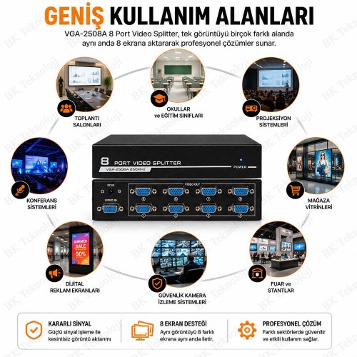 VGA-2508A 1 Giriş 8 Çıkış 250MHz VGA Video Splitter Çoklayıcı 1920x1440