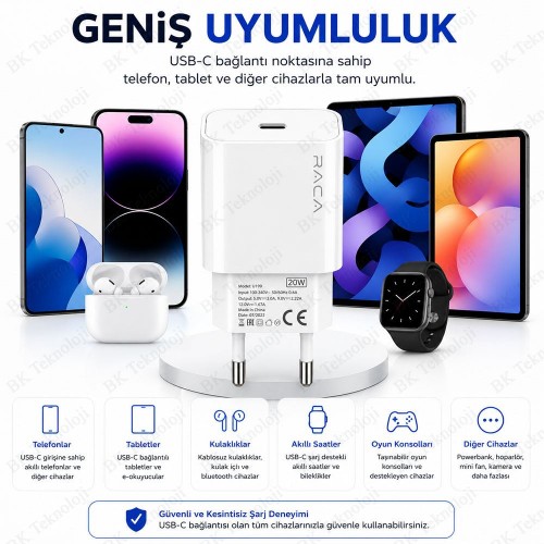 Raca U199 20W PD 3.0 USB-C Hızlı Şarj Adaptörü Beyaz
