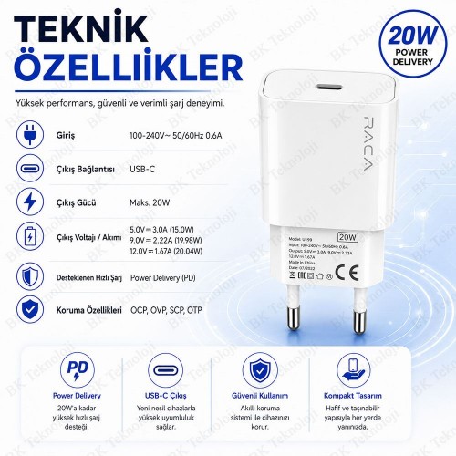 Raca U199 20W PD 3.0 USB-C Hızlı Şarj Adaptörü Beyaz