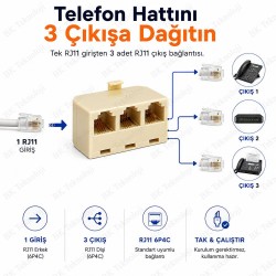 RJ11 6P4C 1 Erkek 3 Dişi Telefon Çoklayıcı Ayırıcı Adaptör